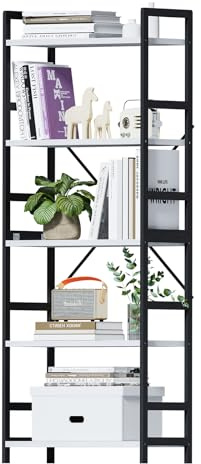 Exabang Bücherregal mit 5 Ebenen, Standregal Holz, Industrie-Style Lagerregal Aufbewahrungsregal für Büro, Küche, Schlafzimmer, Wohnzimmer, Arbeitszimmer (30 x 60 x 158 cm, Weiß-schwarz)