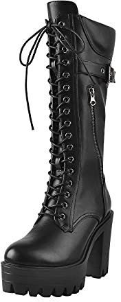 Only maker Damen Coole Stiefel mit Zierriemen Metallic Schnallen Profilsohle Plateau Schnürstiefel Klobiger Absatz Schwarz Übergroß 44 EU