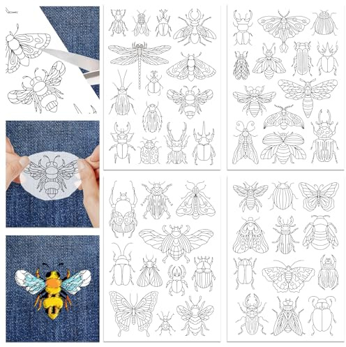 GLOBLELAND 4 feuille 50 pièces de Motifs D'Insectes Bâton et Point Stabilisateur Soluble dans L'Eau pour Broderie Adhésif Couture à la Main Tissus Non Tissés Aide au Dessin Croquis 11.7x8.3 pouce