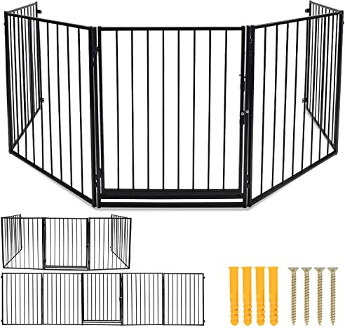 Daromigo Kaminschutzgitter mit Tür 304 cm Metall Ofenschutzgitter Laufstall Absperrgitter mit Huckepackverschluss Tierschutzgitter für Kinder-Sicherung, 5-teilig Elemente (je 60 x 76 cm) Schwarz
