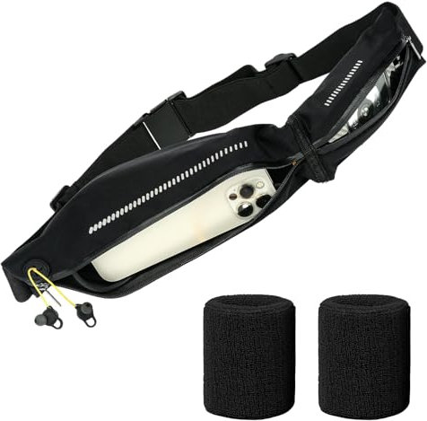 Cinsersr Laufgürtel Leicht und Verstellbar Running Belt mit Leuchtendem Logo Lauftasche Safe für Handys Schlüssel und Bargeld Bauchtasche Laufen Damen Im Lieferumfang Sind 2 sport armbänder(Schwarz)