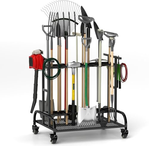 DFENG Étagère de rangement pour outils de jardin - En métal - Avec roulettes - Outil de nettoyage polyvalent - Pour garage, jardin, cour, abri de jardin