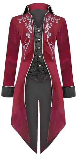 LLTTEER Men Medieval Steampunk Tailcoat Jacket Medieval Renaissance Steampunk Jacket Men's Vintage Gothic Retro Coat Costume for Halloween (Red, XL)
