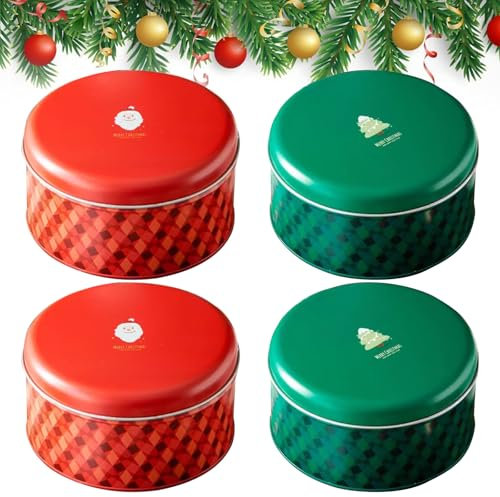 Fiwooze 4 Stück Runde Plätzchendose Weihnachten, Keksdosen Blech Weihnachten, Keksdose Metall, Weihnachtsdosen Geschenkbox, Größe: Durchmesser 13.5cm, Höhe 7.8cm