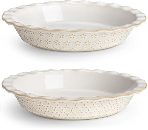 MALACASA 9 Inch Ceramic Pie Dish for Baking with Unique Kiln-Fired Glaze, Non-Stick Fluted Tart Pan, Hexagon Embossed Edge, 45oz, Perfect for Pies, Quiches, Tarts & Desserts, (Series Lydia, 2PC)