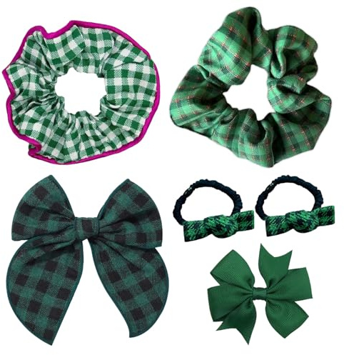 Green Hair Bow Scrunchies Set, 6 Pieces Hair Clips Accessories Kit, Elastic Hair Ties Ropes, Bowknot Hair Barrettes, Pins, Ribbon, Christmas Gifts for Women Party Valentine's Day
