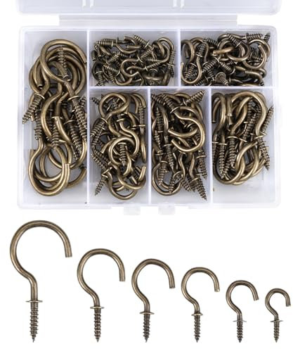 KineticKraft 120 Piezas Ganchos de Tornillo, 6 Tamaños Ganchos de Rosca Gancho de Copa de Metal Ganchos Atornillables Bronce Vintage, Niquelado, para Plantas Colgantes y Decoraciones Artísticas