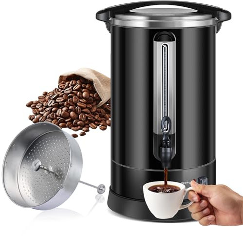 Homtone Gastro Kaffeemaschine mit Rundfilter 120 Tassen/18L, Doppelwandig Groß Edelstahl Industrie Kaffeemaschine mit Zapfhahn für Party, Heißwasserspender für Kaffee, Tee, 1500 W (Schwarz)