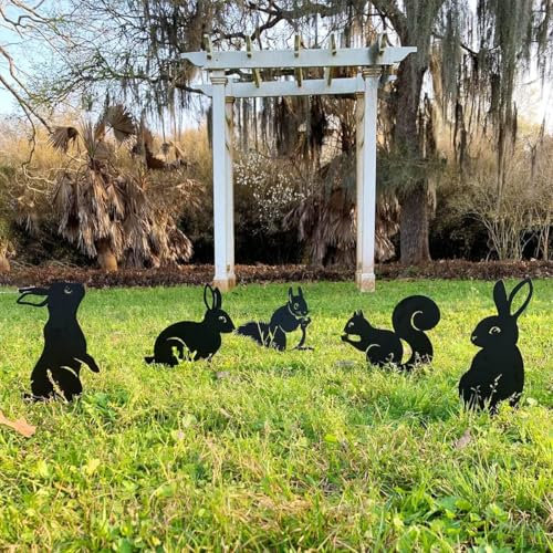 Lot de 5 piquets de Jardin décoratifs en métal,Écureuil et Lapin Metal Garden Stakes décoratifs,pour Cour, Jardin, pelouse, décorations extérieures