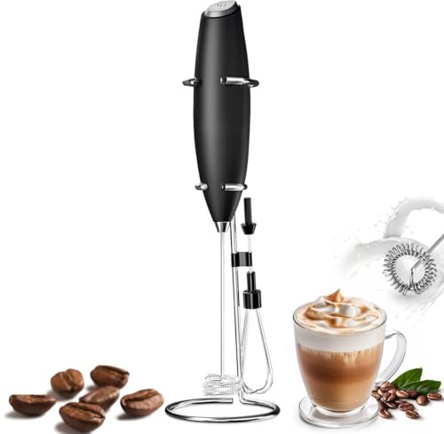 Montalatte con Supporto e 2 Teste LULUWA, Frullino per le Uova Miscelatore per Bevande Portatile Macchina per Schiuma di Caffè Elettrica per Macchiato Cappuccino Matcha, Senza Batteria (Nero)