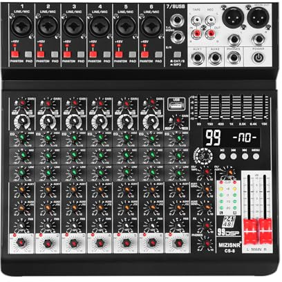 MIZISNR Audio Mixer 8 Channel Sound Mixer Console, Professional Music Mixing Board DJ Mixer w/ 99 DSP, 7-band EQ, USB, Bluetooth, 48V Phantom Power & PAD Function for Recording PA Live Streaming