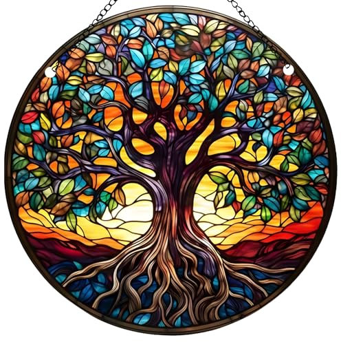 TUYOBG Acrylic Garden Wall Art Outdoor, Weather-Resistant Hanging Ornaments for Outdoor Fence Decorations, Colorful Round Garden Decor for Patio, Yard, Porch, or Living Room (Tree of Life)