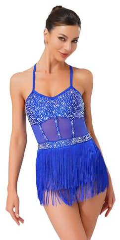 CHICTRY Women's Latin Dance Leotard Jazz Dance Top Sleeveless Fringe Sparkly Bodysuit Samba Salsa Dancewear Royal Blue S