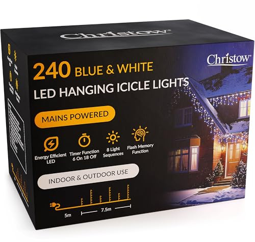 CHRISTOW Hanging Icicle Christmas Lights, 240 Blue & White LED, 7.5m Lit Length, Indoor & Outdoor, Mains Powered with Timer, 8 Flash Lighting Modes with Memory, Fairy String Light Xmas Decorations