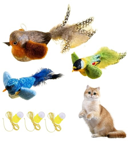 KLVGTIFS 3 Pièces Oiseau Volant pour Chaton, Jouet Chat Interactif avec Herbe à Chat, Jouet pour Chaton avec Ventouses et Corde de Suspension Réglable, Simulated Chirping Bird, Jeux Intelligence