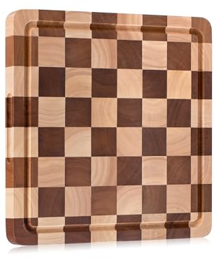Tabla de Cortar de Madera de Hule, Tabla de Cocina Cuadrada, Diseño A Cuadros con Canaleta y Asas, 30 x 30 x 2,5 cm, para Carne, Verduras y Queso