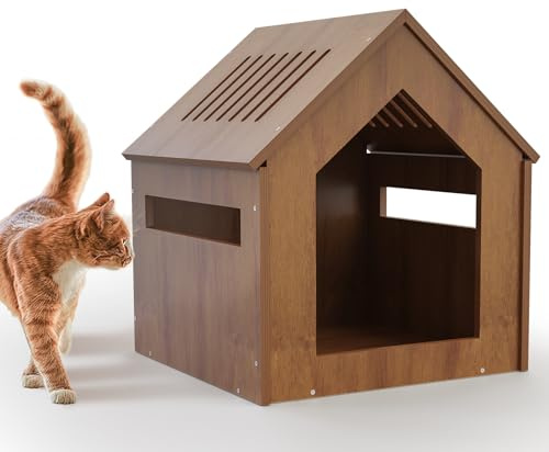 Small Wooden Cat House Indoor Outdoor, Cute Gable Roof Cat Shelter with Rainproof Windproof & Breathable, Easy Assemble Move Clean, Multi-Ply Wood Cat Hut for Kittens (Brown)