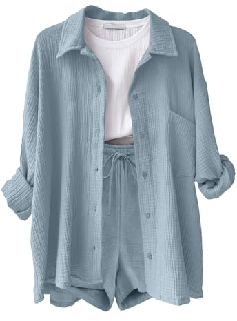 Yutdeng Ensemble 2 Pièces Femme Chic et Élégant Éte Chemise à Manches Longues et Short avec Poches en Coton et Lin Survêtement Tenue de Sport Décontracté Couleur Unie Hauts Streetwear