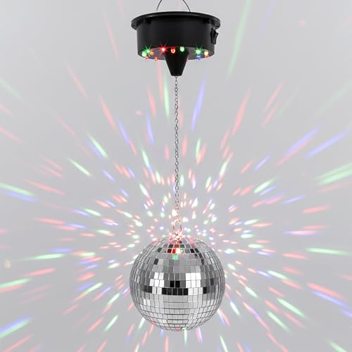 Spetebo Sfera da discoteca con motore rotante, funzionamento a batteria e illuminazione a LED, 15 cm, sfera girevole con sfaccettature in vetro in argento, effetto luce per feste, sfera da discoteca