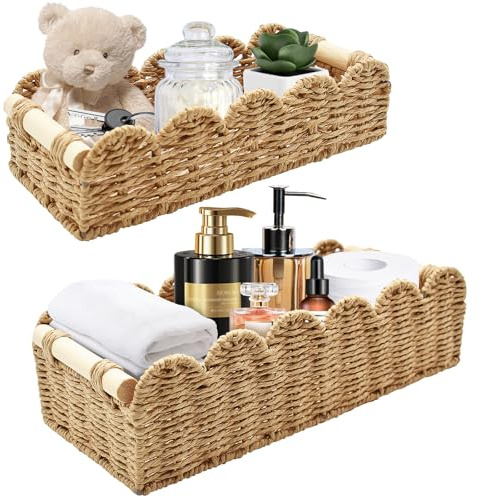 Shocanm 2er Set Aufbewahrungskorb Geflochten, Aufbewahrungkörb Badezimmer Regalkörbe, Dekor Körbchen Wickeltisch Organizer Korb für Küche Wohnzimmer, Handtuch Toilettenpapier Korb (Natürlich)