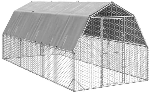 Mhdvray Pollaio con tetto, 2,5 x 6 x 2,25 m, recinto per polli in acciaio zincato, 15 m², per galline, anatre e oche, robusto recinto esterno con porta bloccabile