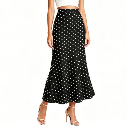 Supcomsta Women's Polka Dot Midi Skirt, High Waist Stretch A-Line Bohemian Summer Casual Ladies Midi Skirt, Soft Breathable Elastic Waist Skirts for Women UK
