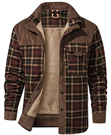 Haellun Men's Long Sleeve Sherpa Lined Shirt Jacket Flannel Plaid Fleece Coats (X-Large, Coffee)