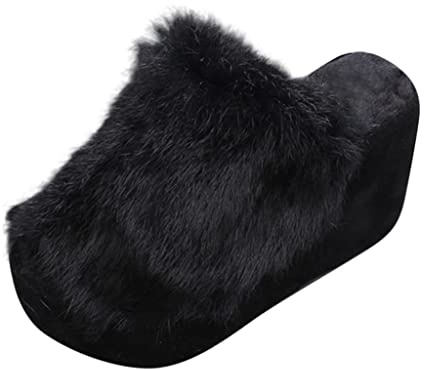 DAY8 Pantofole Invernali Scamosciate Donna Ciabatte Casa Pelose con Tacco Alto Peluche Inverno Casuale Antiscivolo Taglie Forti (Nero, 38 EU)