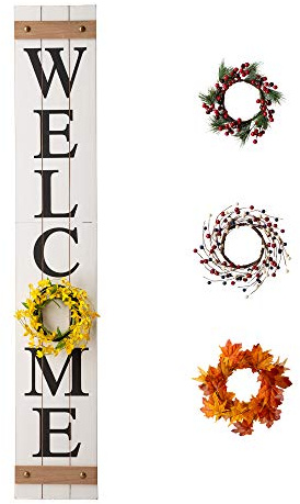 Glitzhome Welcome Sign for Front Porch Standing 60 White Interchangeable Wooden Sign with 4 Seasonal Wreaths, Christmas Winter Spring Porch Sign for Outdoor Door Decorations