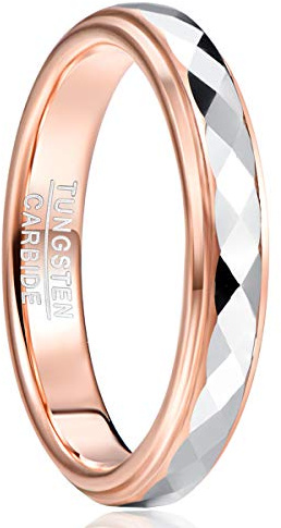 TUNGSTORY Bague en Carbure de Tungstène de 4 mm en Or Rose Large à Facettes Losange Triangle Bague de Mariage Bords éTagéS Bague D'Amitié Pour Hommes Femmes Taille 58(18.5)