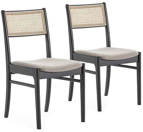 HOMN LIVING Pack 2 sillas Vilma Color Negro Wash, Madera Maciza y ratán Natural, 45,5 cm (Ancho) 54,5 cm (Profundo) 82 cm (Alto)