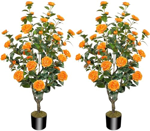 2 Pack 43.3/3.6FT Artificial Tree with Camellia Flowers Fake Tree with 32 Blooming Flowers Orange Tree for Spring Home Front Door Outdoor Indoor Decor (Including Dried Moss)