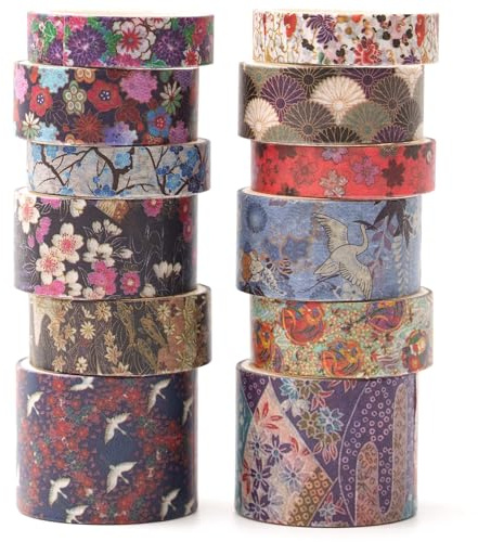 KAVI' S 12 rullar Kyoto Charme Washi Tape Set, papper dekorativ maskeringstejp, färgstarkt för scrapbooking, hantverk, hantverk (Purple Sakura)