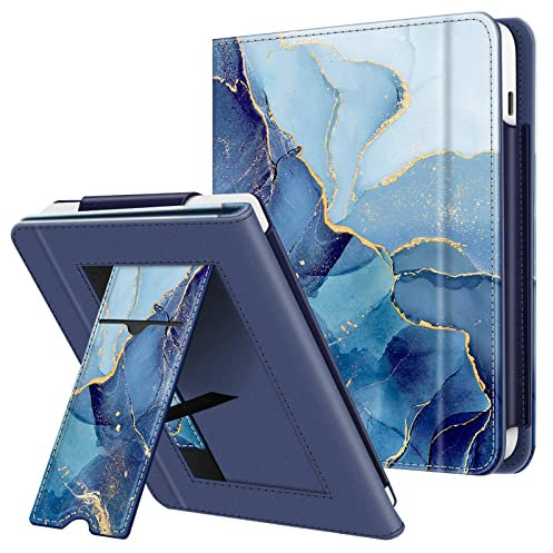 FINTIE Étui Compatible avec 7 Kobo Libra Colour 2024 / Kobo Libra 2 2021 (Modèle: N428 / N418), Coque Liseuse avec Béquille et Fente pour Carte et Dragonne Marbre Océan