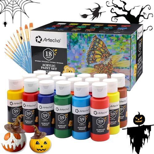 Artecho Acrylic Paints Set 18 Colors 2 Ounce/59ml with 10 Art Brushs, Non Toxic, Model Paint, Waterproof Paint, Acrylic Paint Kit for Canvas, Crafts, Glass, Clay, Wood, Fabric, Poster, Leather&Rock