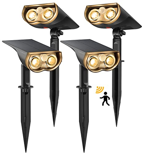 Linkind Solar utomhu med rörelsedetektor, 3 000 K varm vit, 3 lägen (inklusive kontinuerligt ljus), 1 000 lm vägbelysning från 2 installationer, StarRay IP65 Solar LED-strålkastare, trädgård för