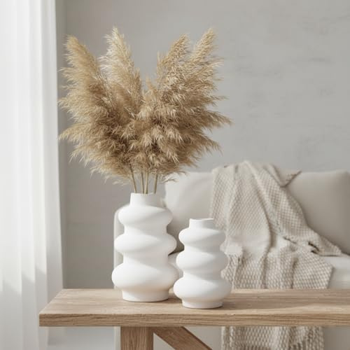 Ajuny Hecho Mano Blanco Jarrones De Cerámica con Calabaza Diseño Juego De 2 | Jarrones Decorativos Modernos Para Hierba De La Pampa, Flores Secas Y Flores, Centro De Mesa Para Salón, Bodas Fiesta Oficina