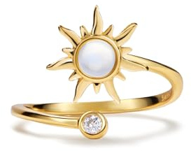 PERIMADE Anello per ansia con opale sole, da donna, placcato oro, con zirconia cubica, in argento Sterling 925, antistress, aperto, avvolgente, calmante, anello rotante regolabile, Argento sterling