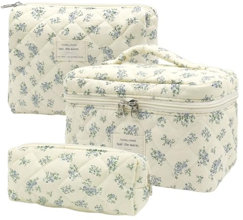 3 Piezas Neceser Mujer con Estampado de Flores, Neceser Viaje Mujer de Algodón, Neceser Mujer Maquillaje, Neceser de Viaj, Neceser Mujeres Grande para Mujeres y Niña (Flores Azules)