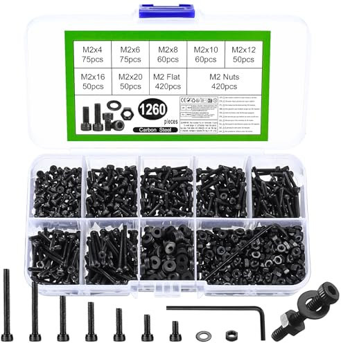 Lot de 1260 vis M2 à tête hexagonale creuse, écrous à tête cylindrique, écrous et rondelles, ensemble de vis filetées avec écrous, assortiment de vis de machine noires
