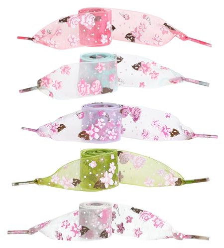 COMNICO 5 paia di lacci per scarpe in nastro di raso, larghi 2,7 cm, con stampa, piatti, in filato di neve, lacci colorati per scarpe per donne e ragazze, bianco + pesca + viola chiaro + verde chiaro