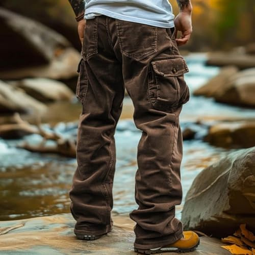 Élégant pantalon cargo ample pour homme en velours côtelé multi-poches pour la mode quotidienne (M café)
