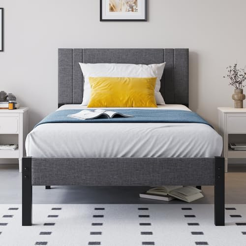 DUMEE Metal Single Bed Frame with Storage and Shelf Headboard, 3ft Upholstered Metal Single Bed Frame with Slats Enhanced Support, No Box Spring Needed, Noise Free,Easy Assembly,Dark Gray bed frames
