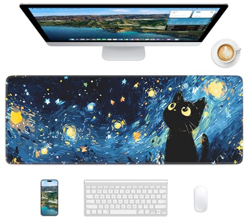 Velluxion Starry Night Cat Mouse Pad, 31.5 x 11.8 Large Desk Mat with Stitched Edges & Non-Slip Base, Mousepad for Office, Home, Work