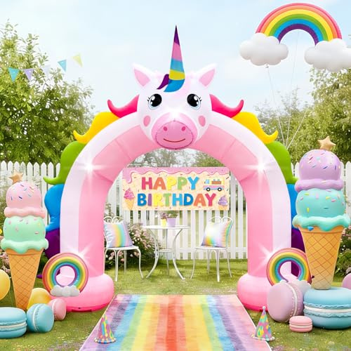 10FT Inflatable Unicorn Arch Outdoor Decorations Giant Blow Up Unicorn Rainbow Built-in 5 LED Lights for Unicorn Girls Birthday Party Wedding Baby Shower Garden Yard Lawn