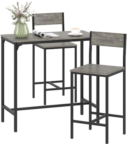 HOMCOM 3-Piece Bar Table and Stools Set Footrest, Backrest, Charcoal Grey | Industrial Breakfast Bar Set, Footrest, Metal Frame, Kitchen High Table and 2 Chairs, Dining Room, Small Space