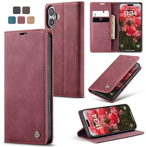 Ottcooed Skal för iPhone 17, premium PU-läder flip Läder Vikbart Skyddande Fodral Plånbok [Hölster med klaff, Magnetisk, kortfack] Wallet Leather Case Cover för iPhone 17, Vinröd