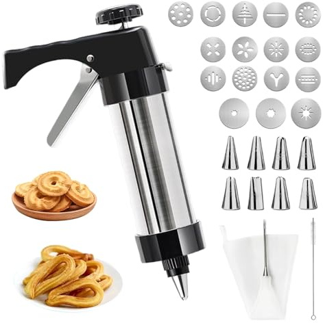 CUVZORA Prensa de pastelería para galletas de acero inoxidable con 13 moldes para galletas, 8 boquillas para pastelería, manga pastelera reutilizable para manualidades, galletas, pasteles y decoración