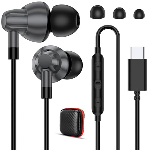 iMangoo Auriculares con cable USB C con micrófono y cable sin enredos, sonido estéreo de alta fidelidad, ergonómicos, cómodos, tipo C, para iPhone 17, Google Pixel 10, Samsung Galaxy S26 Ultra