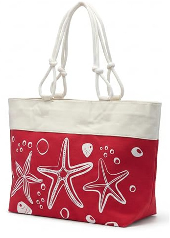 Bolsa Playa y Piscina Grande Con Cremallera y Forro Antiarena. Bolso Playa Mujer De Lona Con Asas Cosidas Sin Anillas. Bolsa De Playa Impermeable Con Bolsillo Interior. Bolsas De Playa (Rojo)